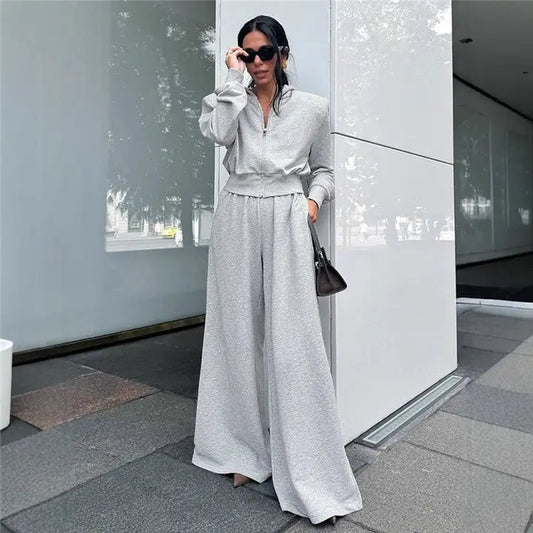 Grey Shoulder Pad Sweatshirt Wide Leg Pants Set