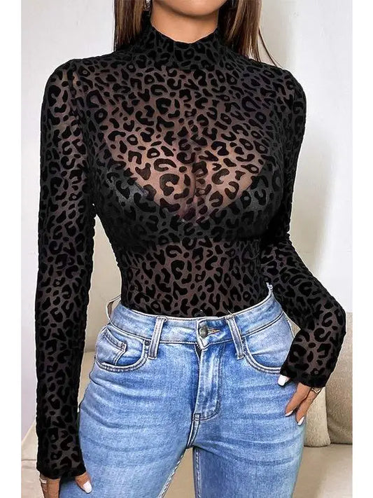 Leopard Mesh Long Sleeves Bodysuit