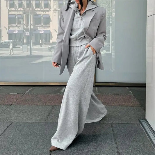 Grey Shoulder Pad Sweatshirt Wide Leg Pants Set