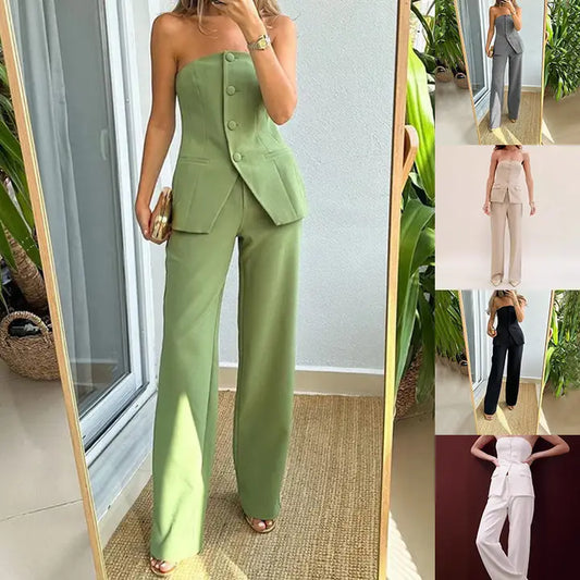 Graceful Tube Top Suit Fashion Button Sleeveless Top and Straight Pants Women's Trousers Set